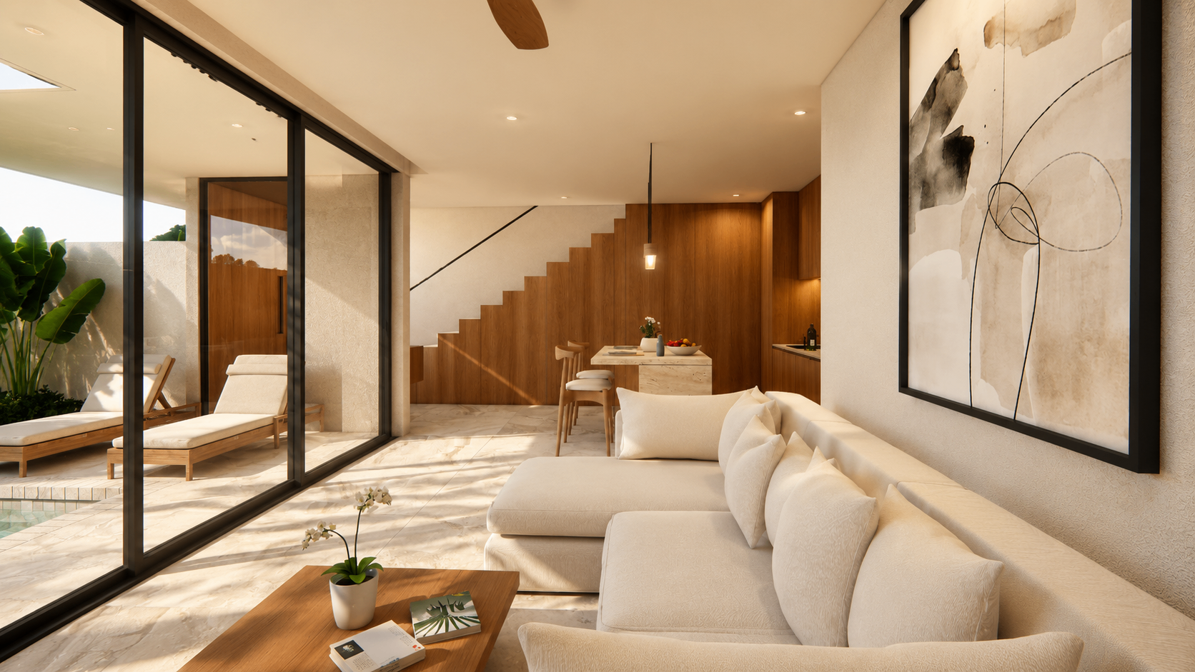 Salon ouvert sur la piscine